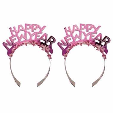 6x stuks diadeem happy new year roze voor volwassenen