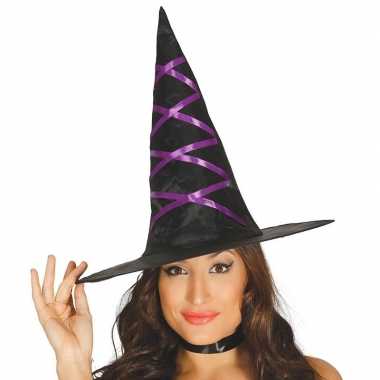 Halloween - zwarte heksenhoed met paars lint voor dames