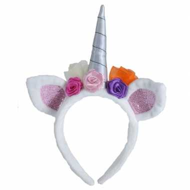 Pluche eenhoorn diadeem wit met bloemen