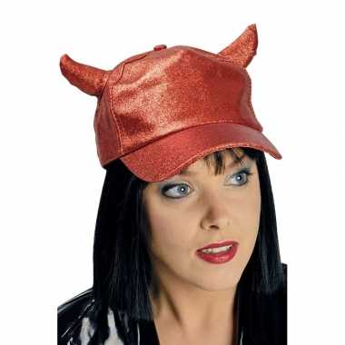 Rode glitter pet/cap met duivel hoorntjes voor volwassenen