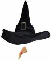 Heksen accessoires set fluwelen hoed met neus voor dames