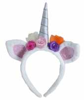 Pluche eenhoorn diadeem wit met bloemen